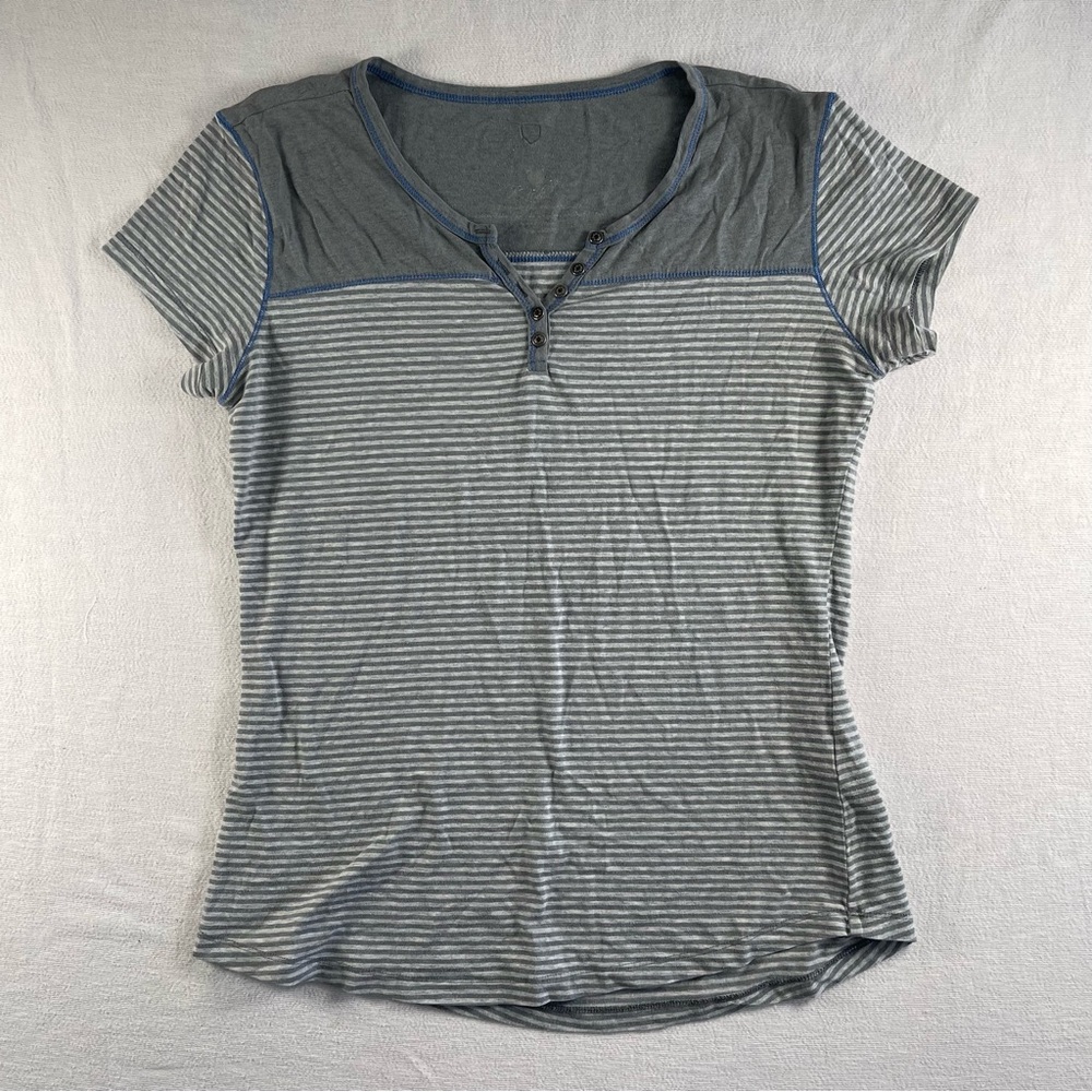 KUHL Striped Short Sleeve Henley Top in Light Gray and Heather Blue small - Picture 2 of 8